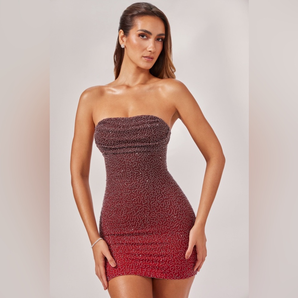 NWT Strapless Red Ombre Dress OhPolly  6 Beaded Embellished Bodycon Homecoming